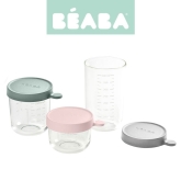 Beaba, Zestaw słoiczków szklanych z hermertycznym zamknięciem Pink/Eucalyptus green/Light mist 150ml + 250ml + 400ml
